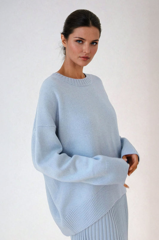 Oversized Ribbed Crew Neck Sweater - Blue