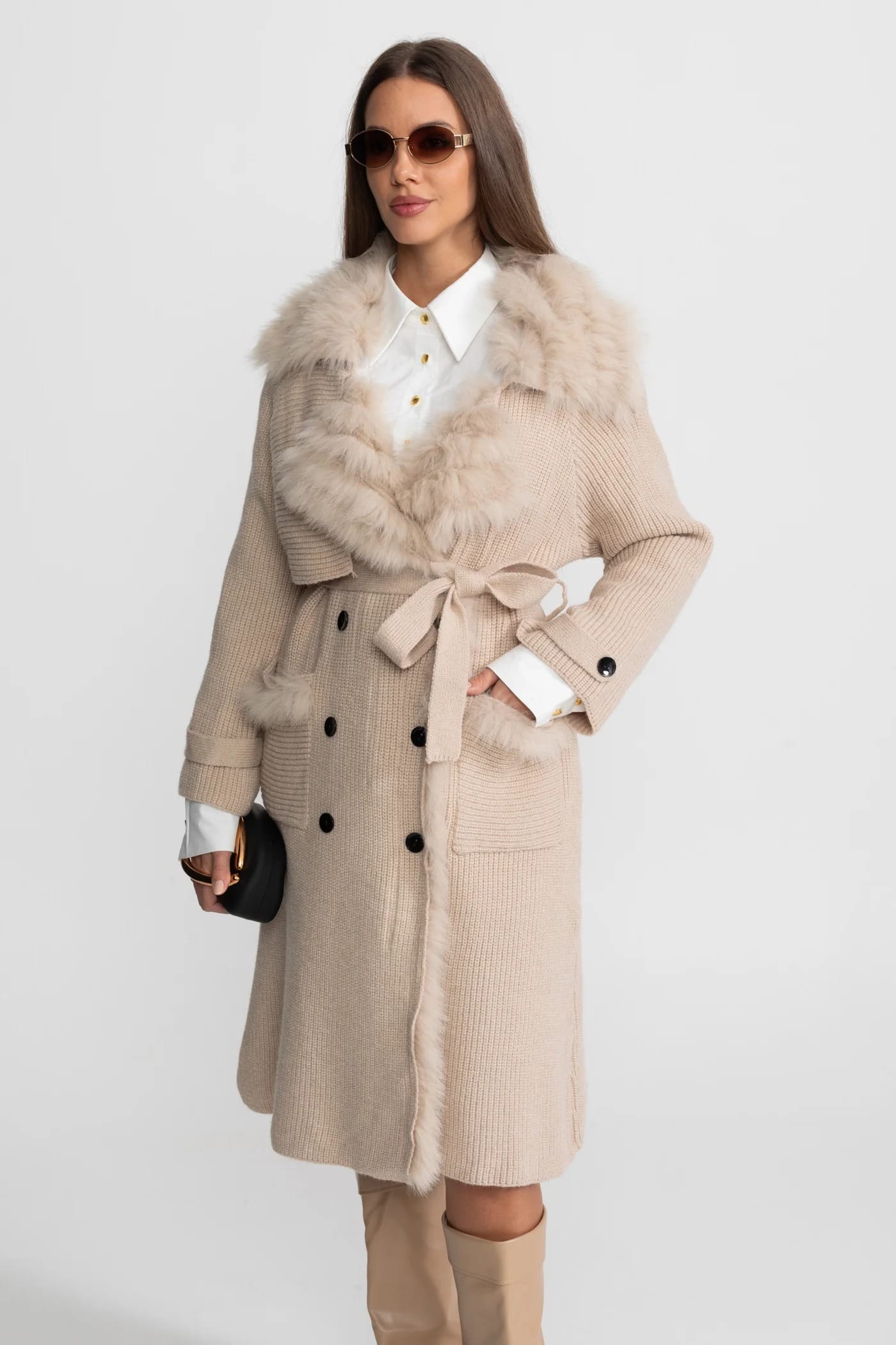 Belted Knit Coat with Fur Trim Detail - Apricot