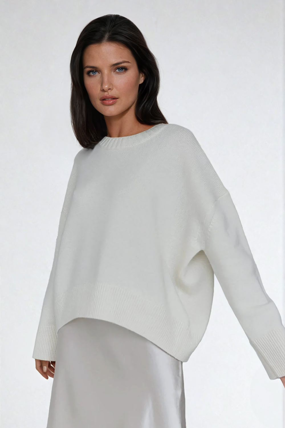 Oversized Ribbed Crew Neck Sweater - White