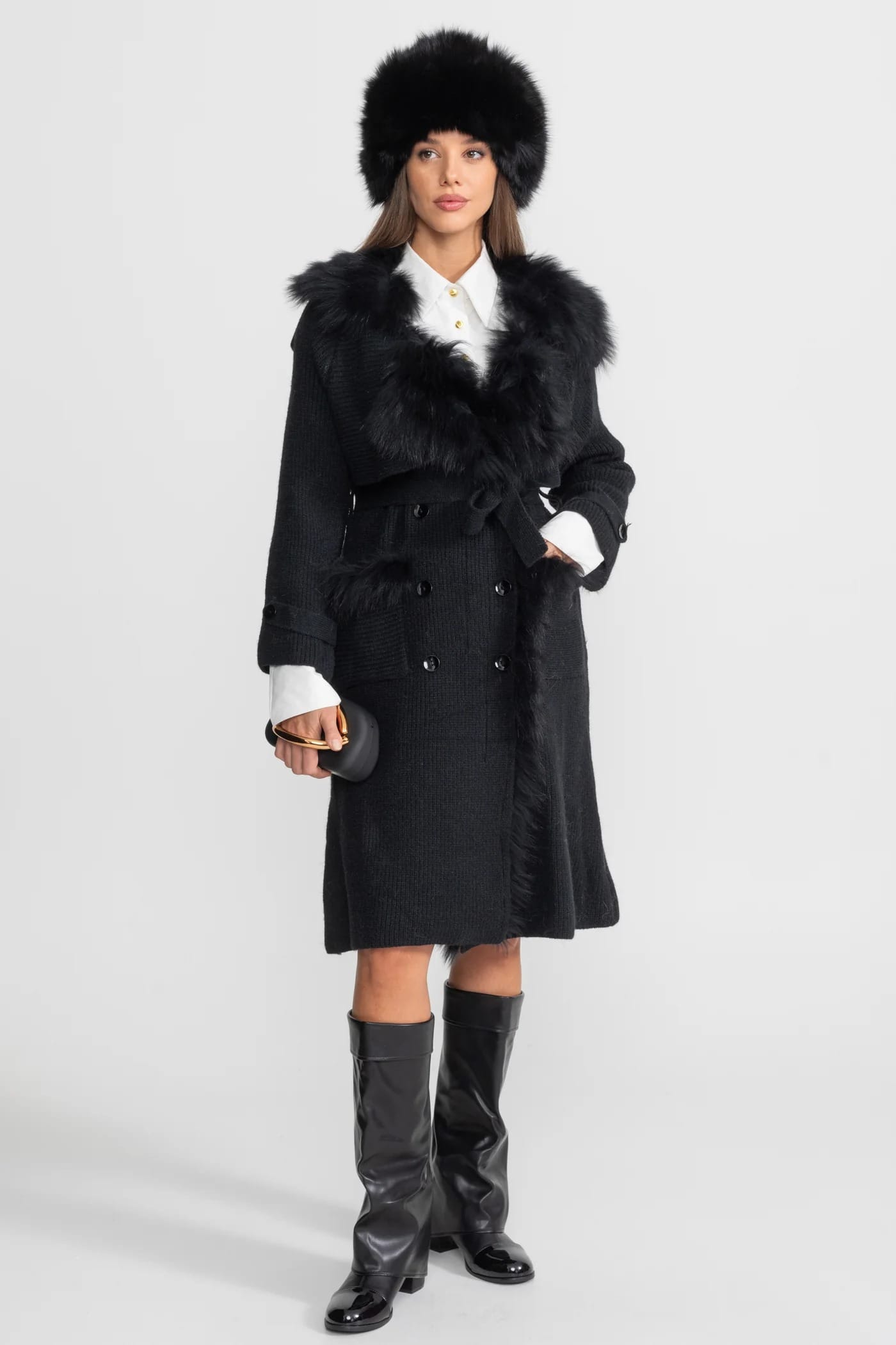 Belted Knit Coat with Fur Trim Detail - Black