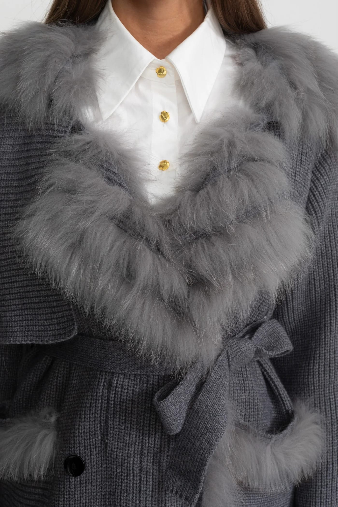 Belted Knit Coat with Fur Trim Detail - Gray