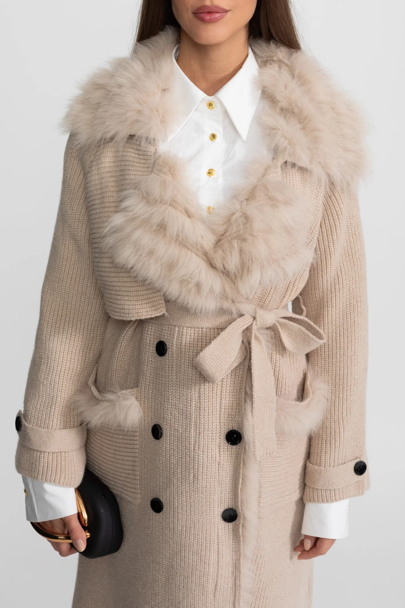 Belted Knit Coat with Fur Trim Detail - Apricot