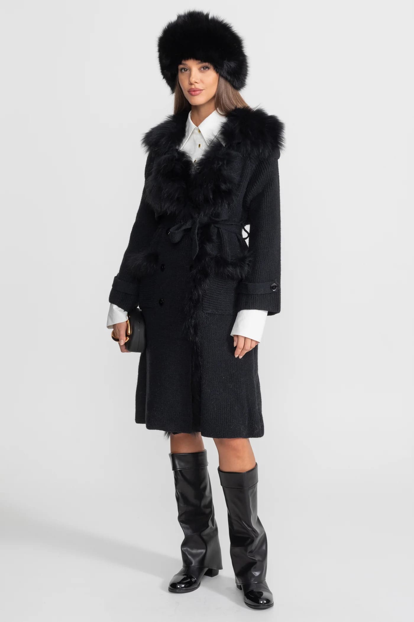 Belted Knit Coat with Fur Trim Detail - Black