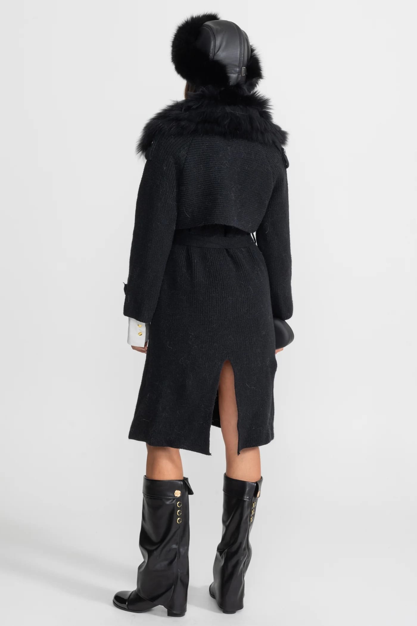Belted Knit Coat with Fur Trim Detail - Black