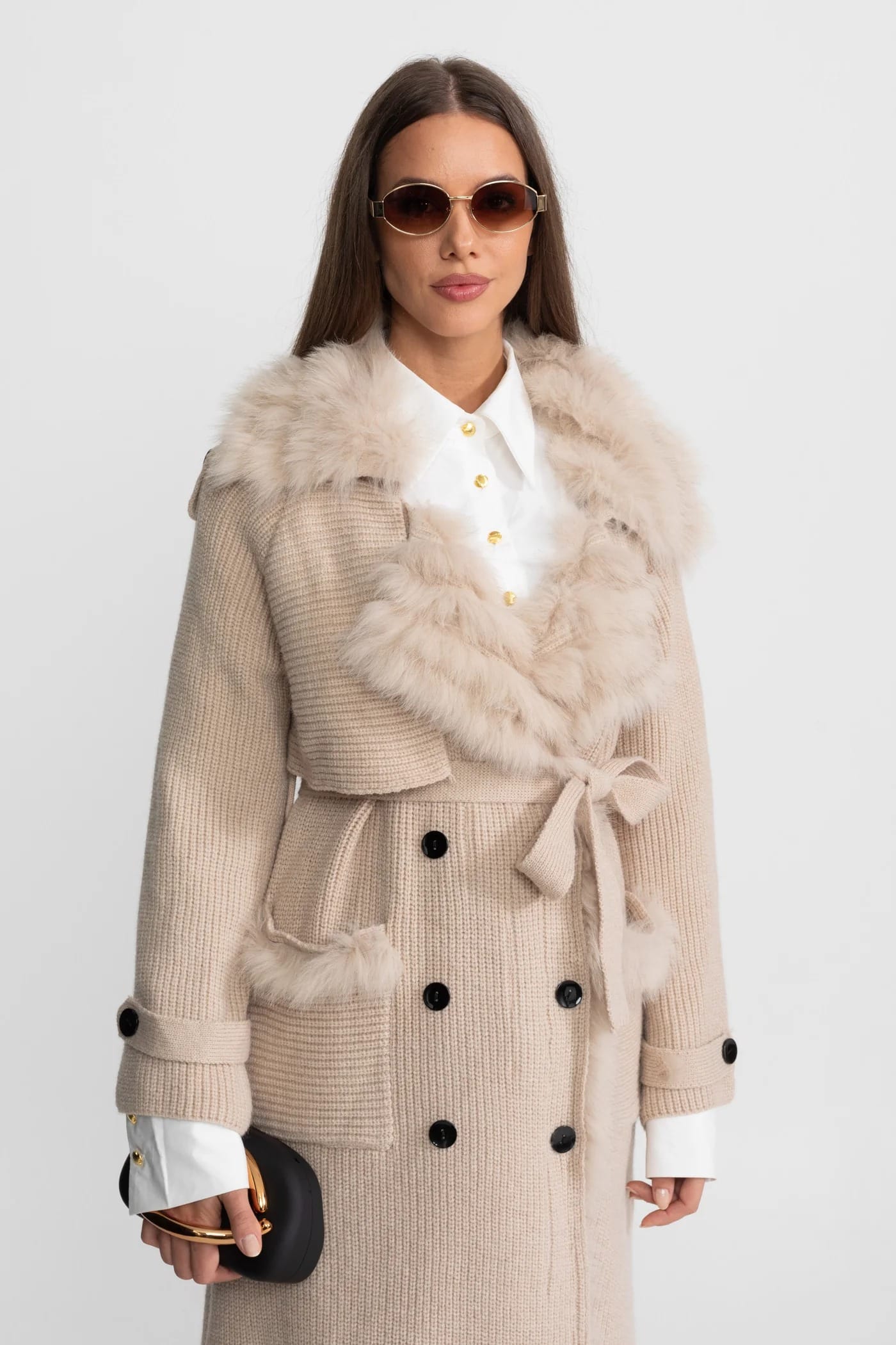 Belted Knit Coat with Fur Trim Detail - Apricot