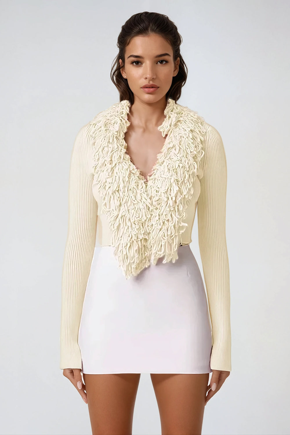 Sweater with Textured Shawl Collar - Beige