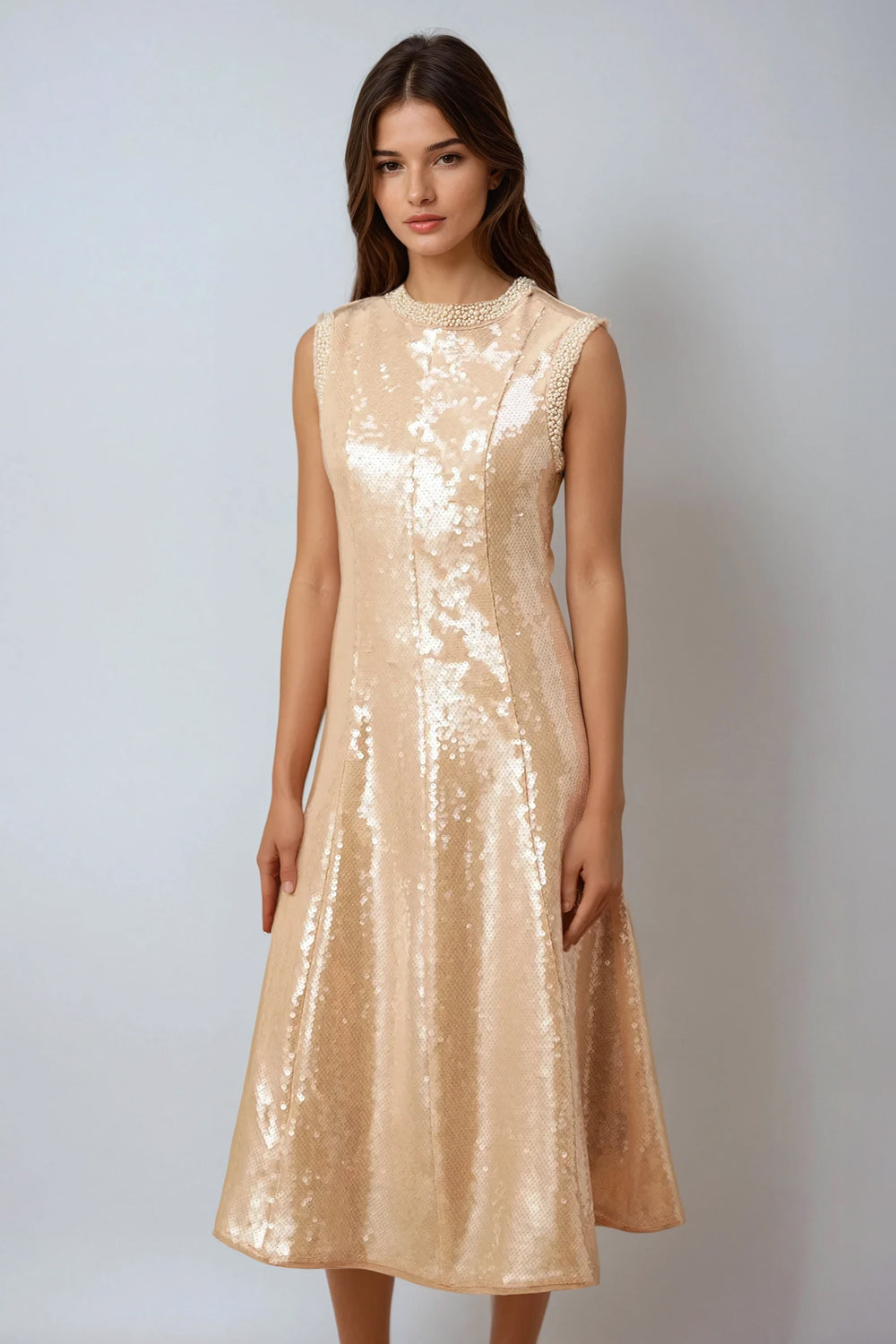 Sleeveless Sequin Embellished Midi Dress - Beige