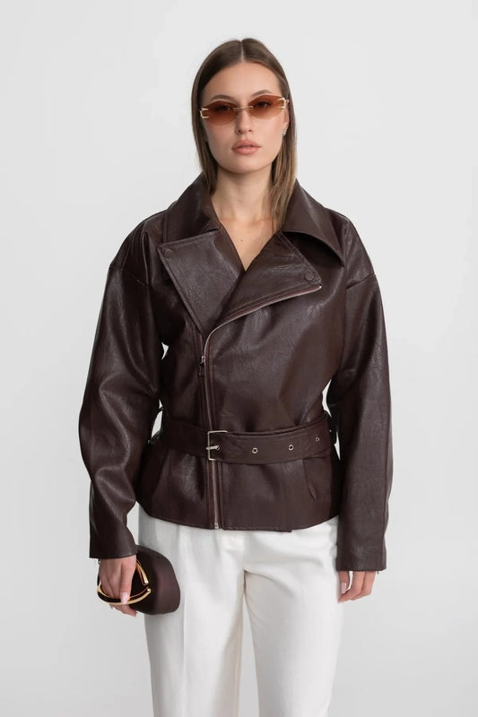 Asymmetrical Zip Leather Jacket - Brown