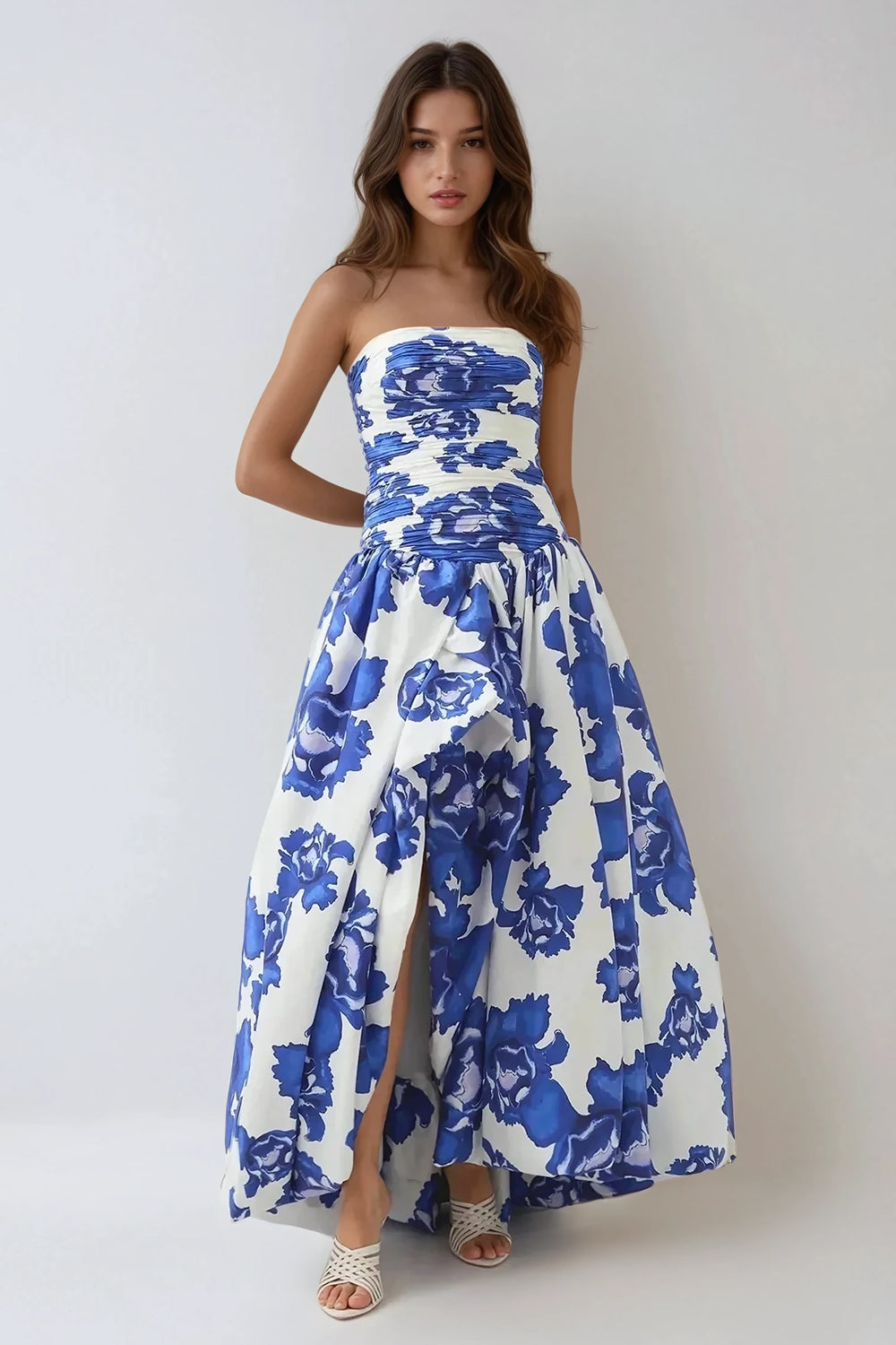 Strapless Pleated Skirt Maxi Dress - Blue