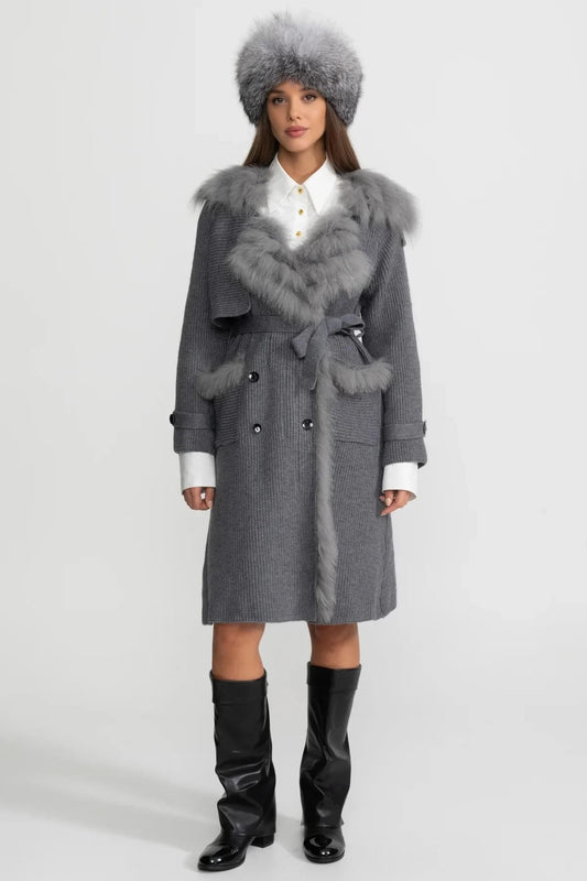 Belted Knit Coat with Fur Trim Detail - Gray
