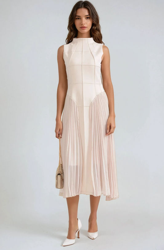 Sleeveless High Neck Pleated Midi Dress - White