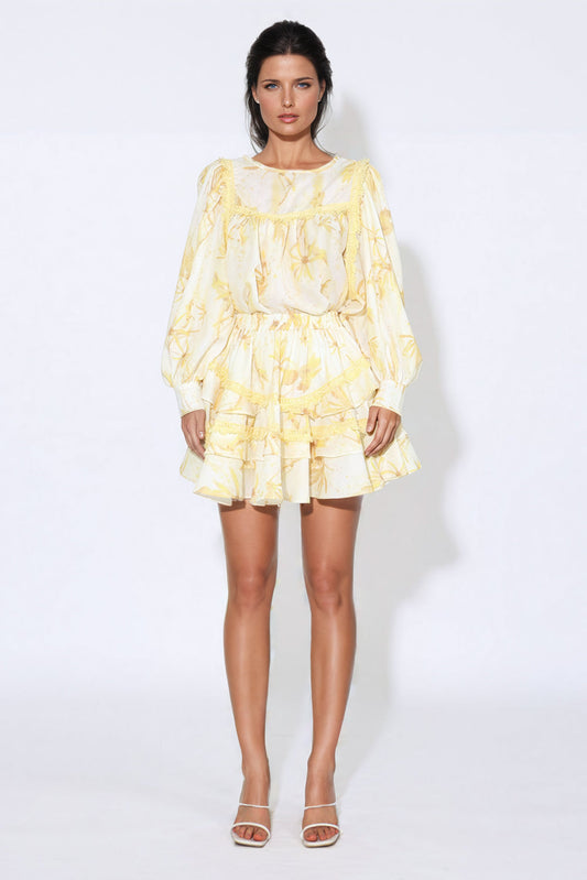 Two-Piece Set with Printed Long Sleeve Top and Ruffled Skirt - Yellow