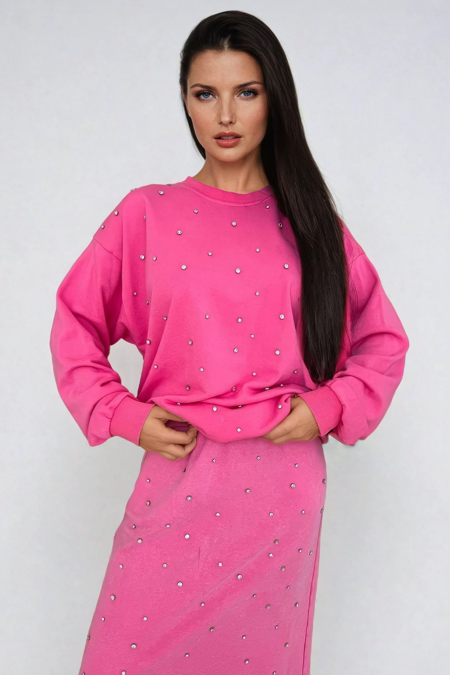 Midi Skirt with Embellished Design and Elastic Waistband - Pink