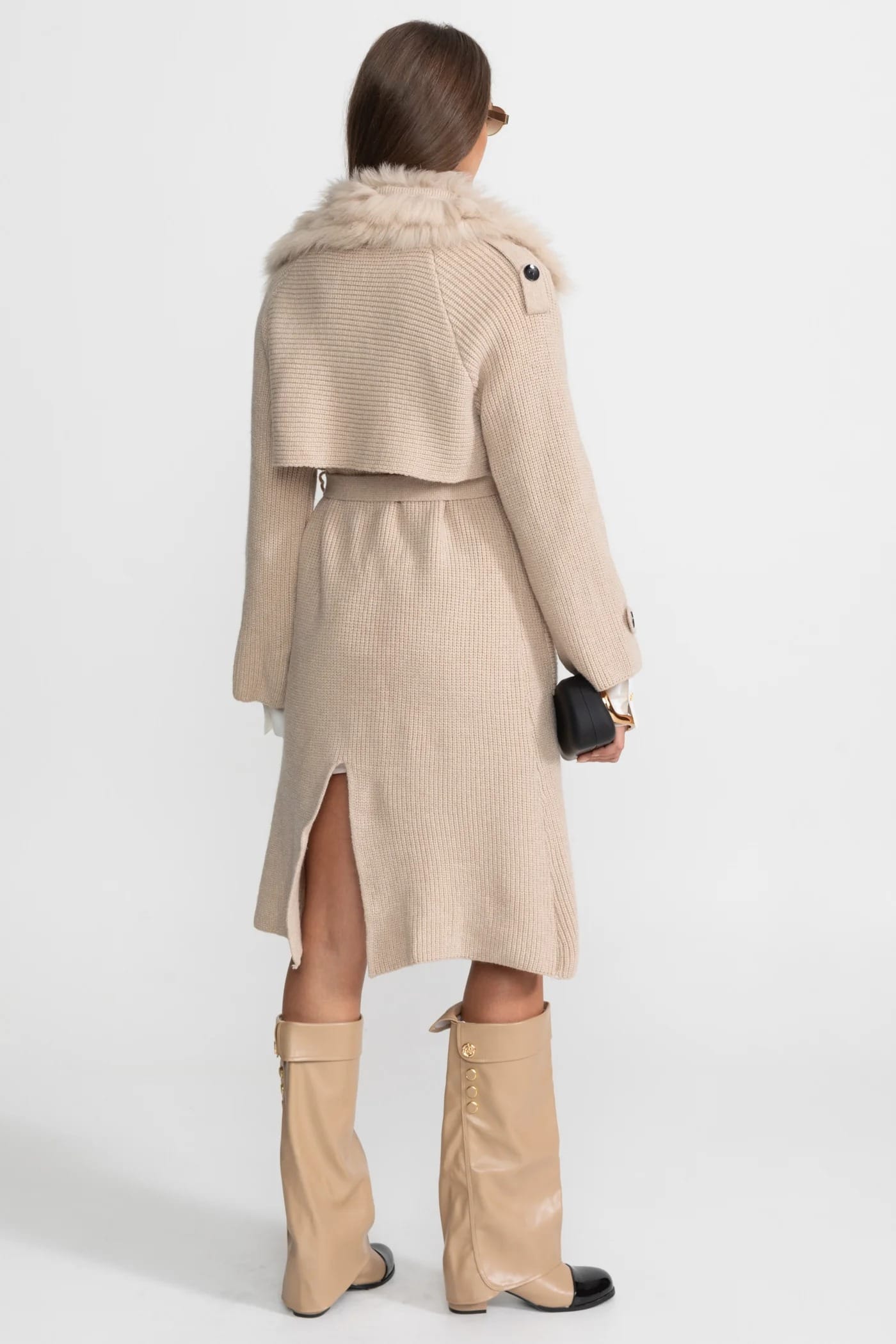 Belted Knit Coat with Fur Trim Detail - Apricot