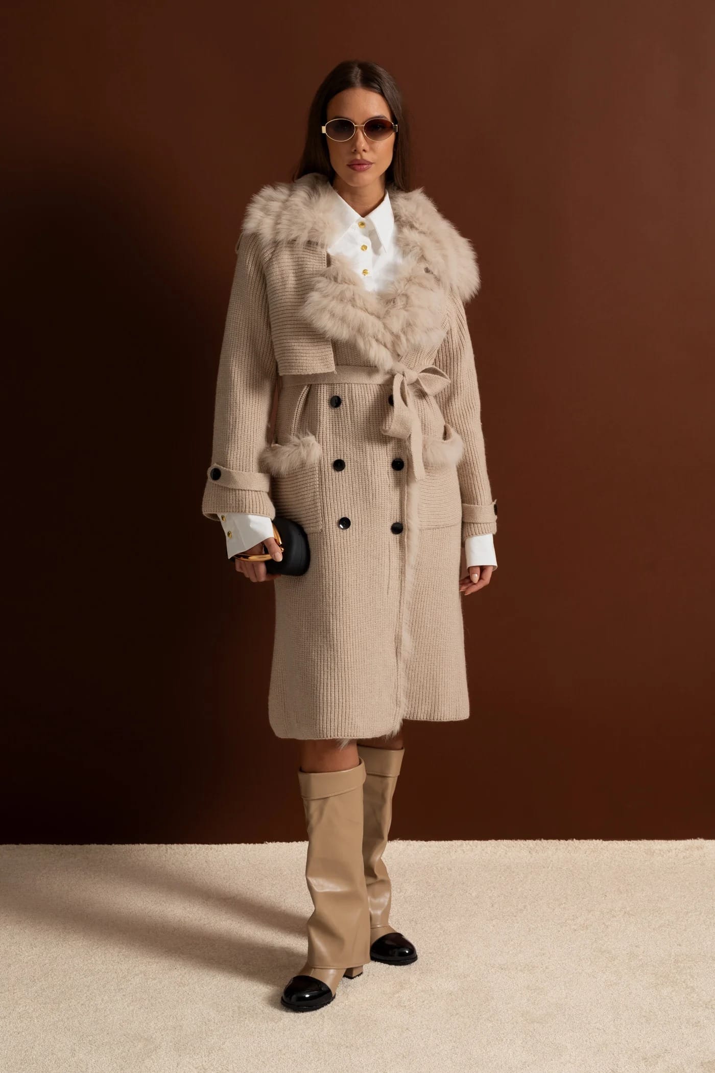 Belted Knit Coat with Fur Trim Detail - Apricot
