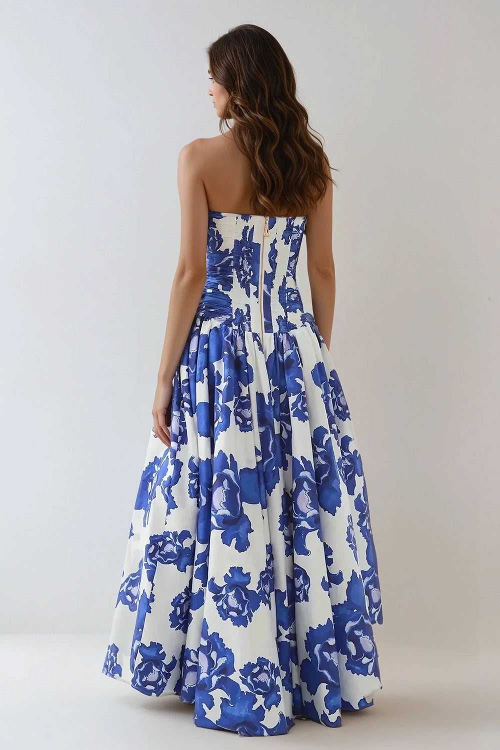 Strapless Pleated Skirt Maxi Dress - Blue