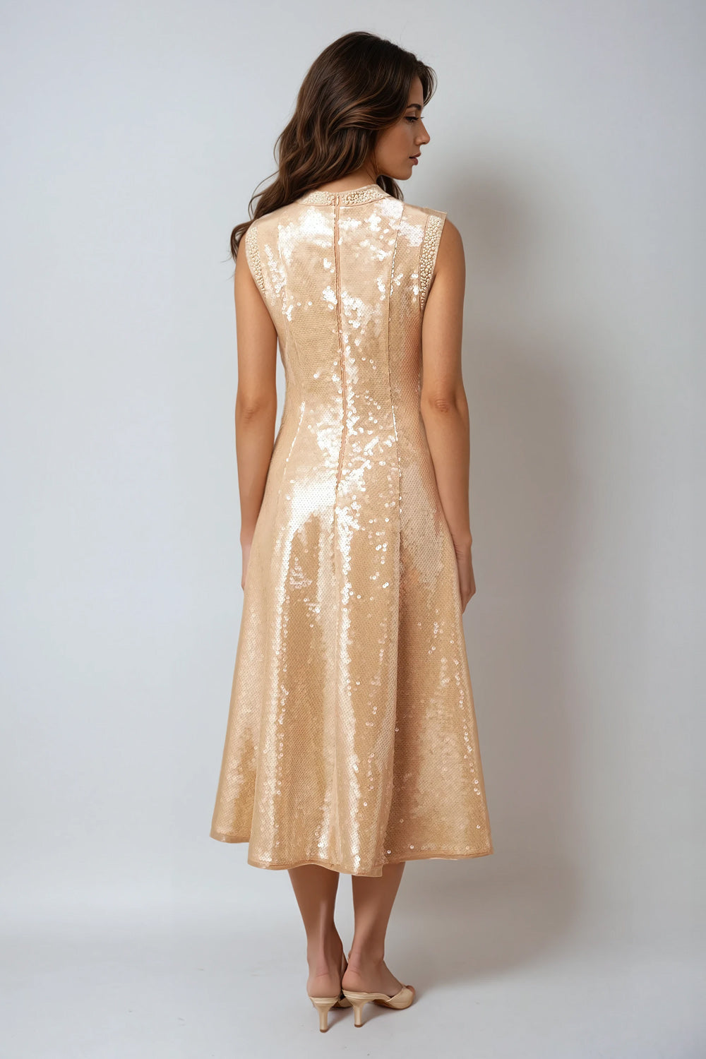 Sleeveless Sequin Embellished Midi Dress - Beige
