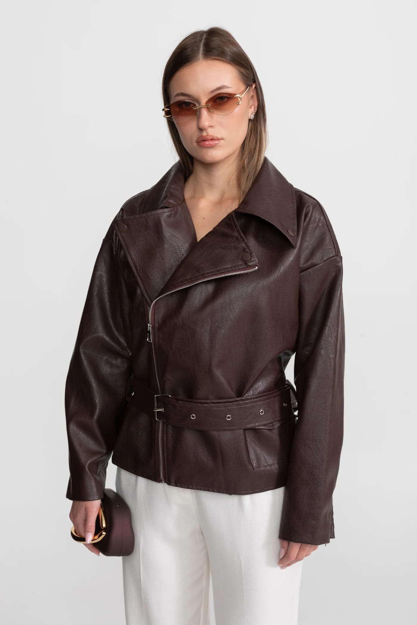 Asymmetrical Zip Leather Jacket - Brown