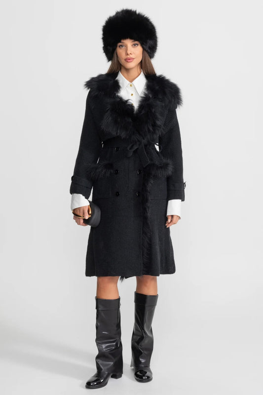 Belted Knit Coat with Fur Trim Detail - Black
