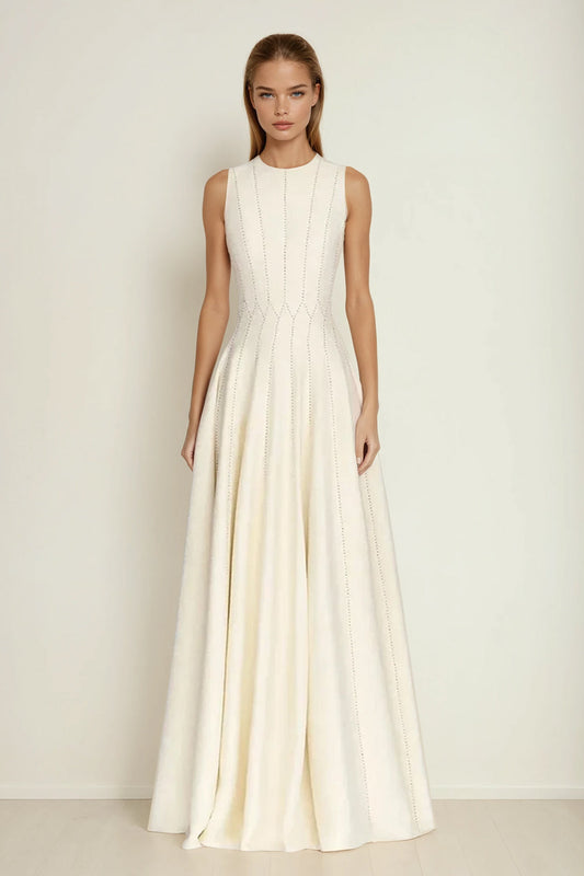 Sleeveless Maxi Dress with Structured Seams and Flared Hem - White