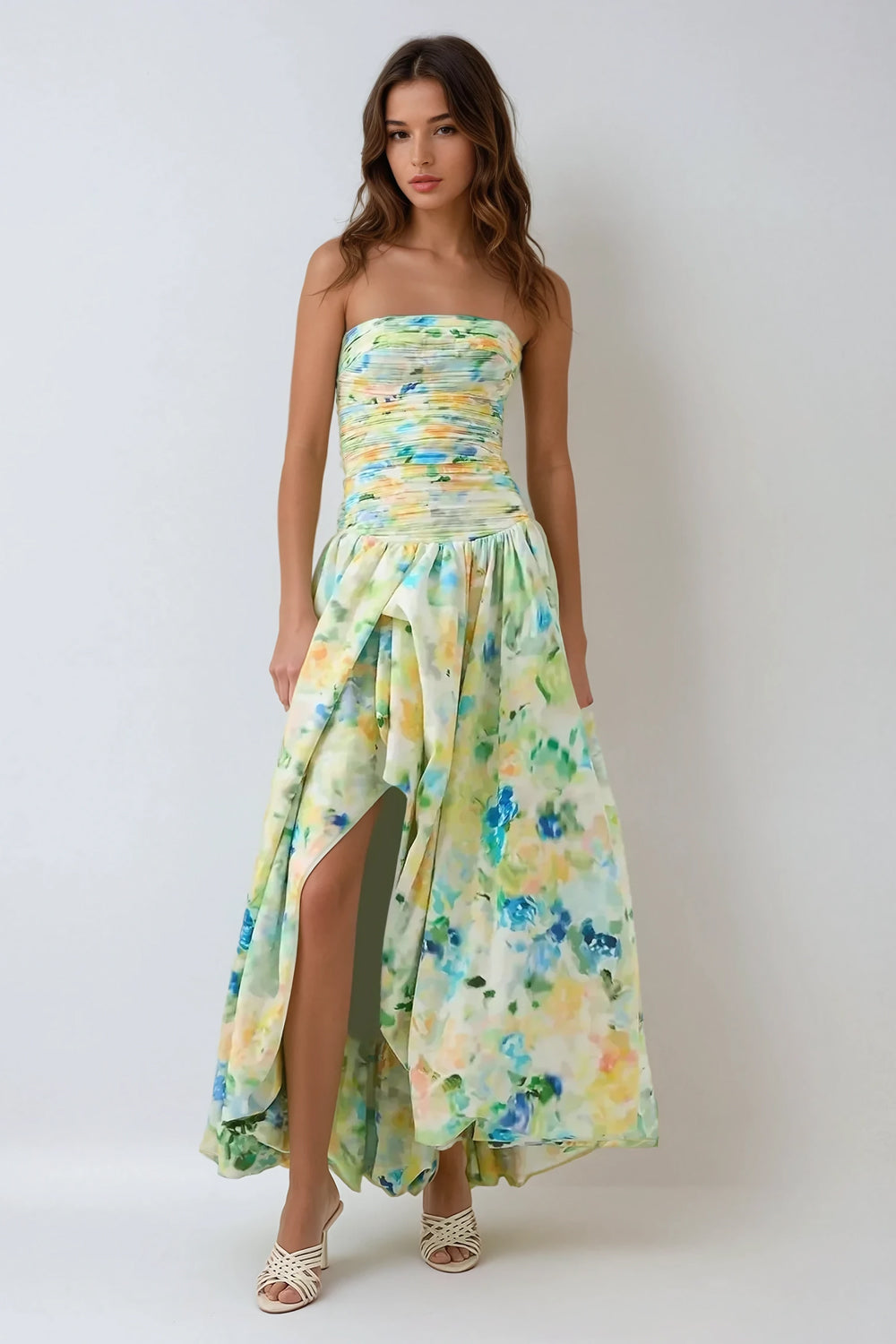 Strapless Pleated Skirt Maxi Dress - Green