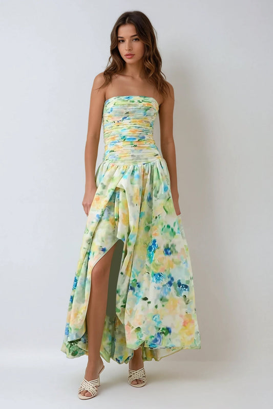 Strapless Pleated Skirt Maxi Dress - Green