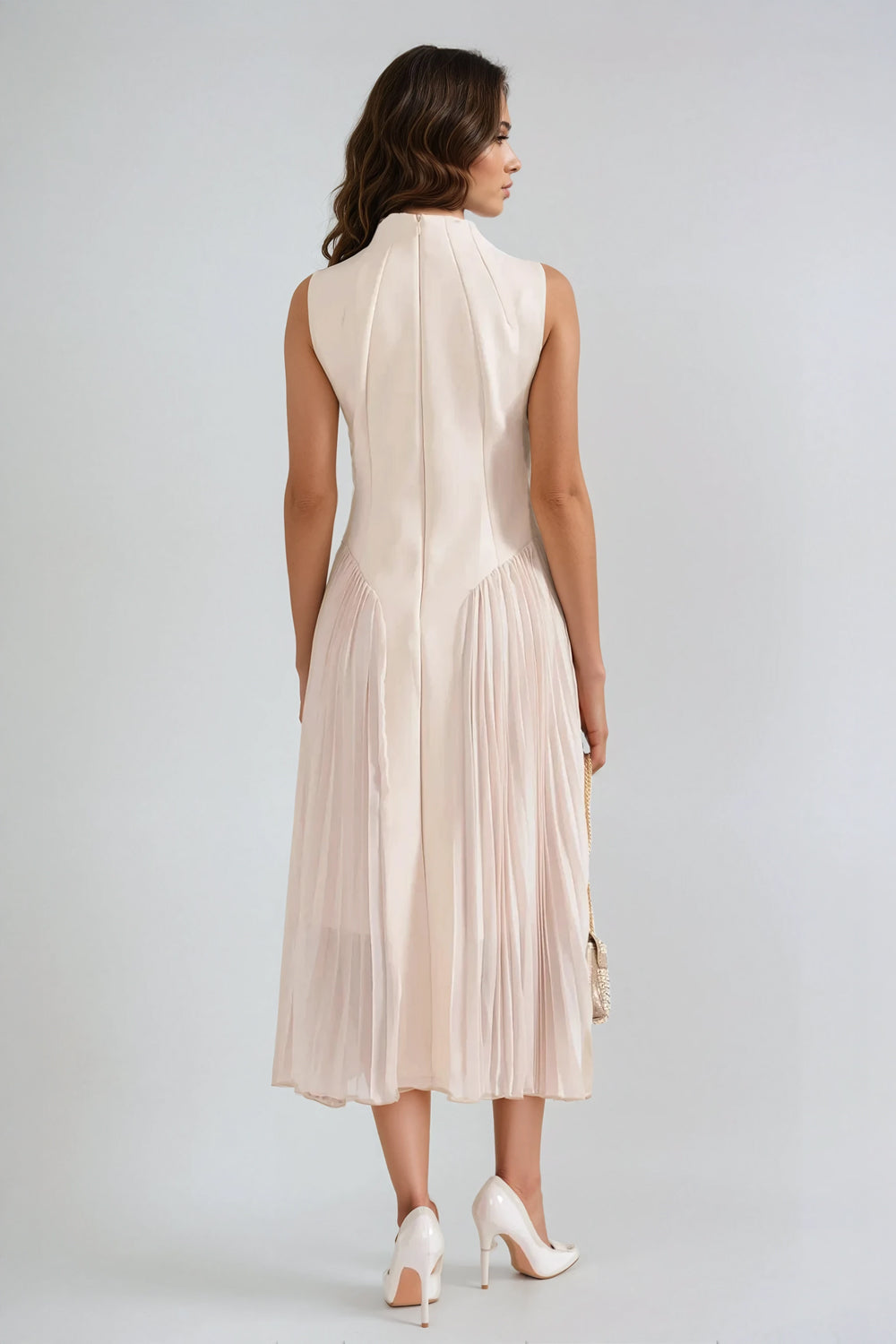 Sleeveless High Neck Pleated Midi Dress - White