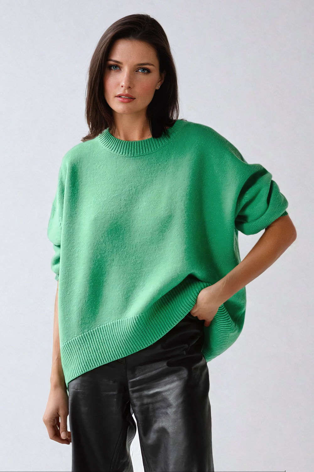 Oversized Ribbed Crew Neck Sweater - Green