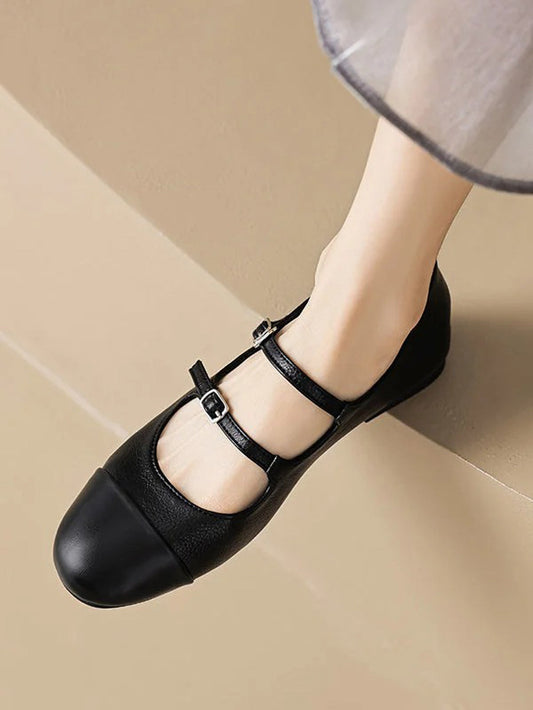 Triple Strap Round-Toe Flat Shoes - Black