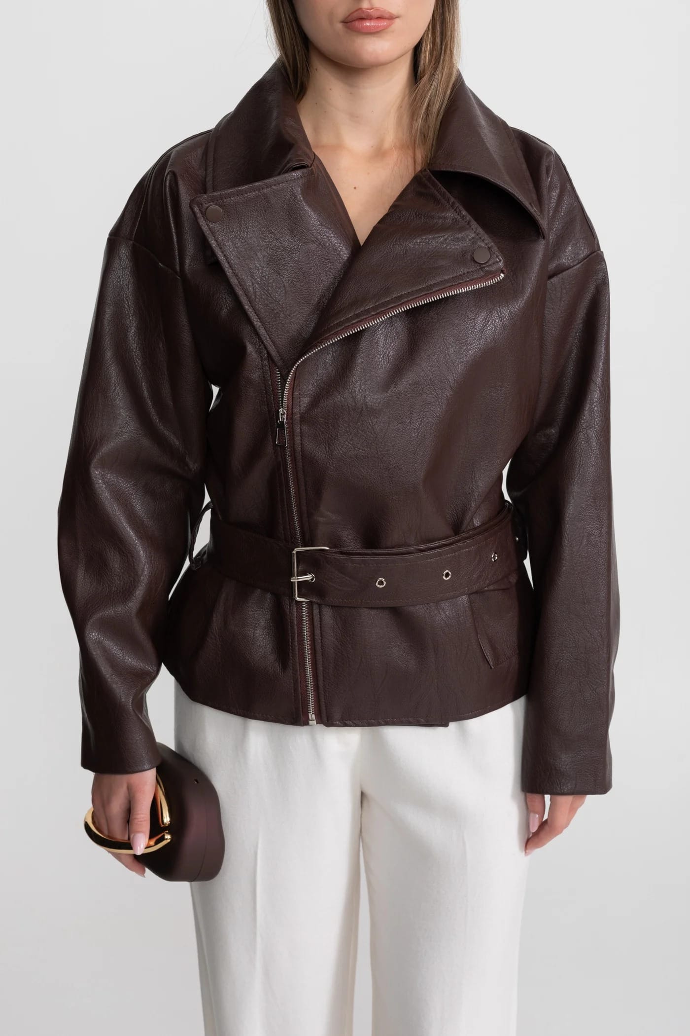 Asymmetrical Zip Leather Jacket - Brown