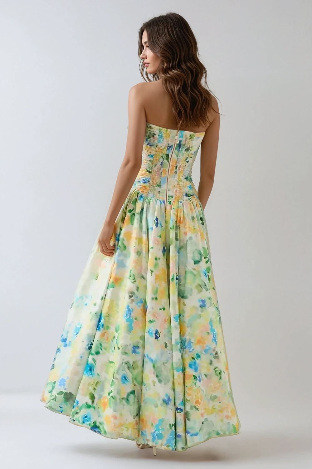 Strapless Pleated Skirt Maxi Dress - Green