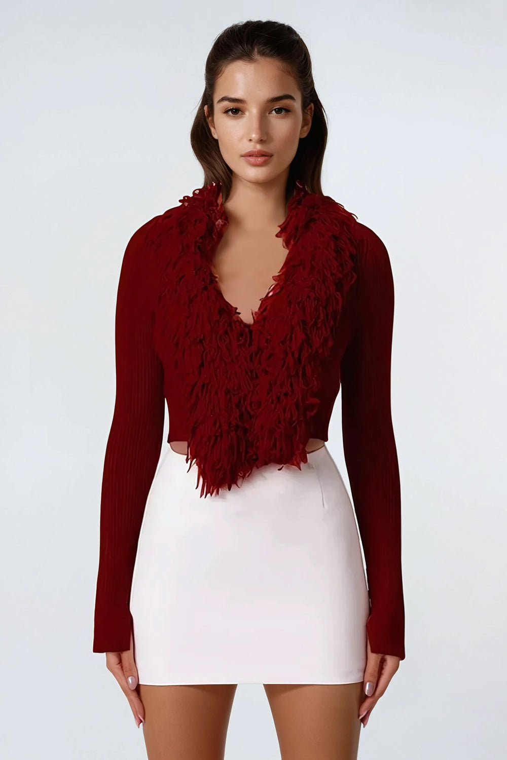 Sweater with Textured Shawl Collar - Red