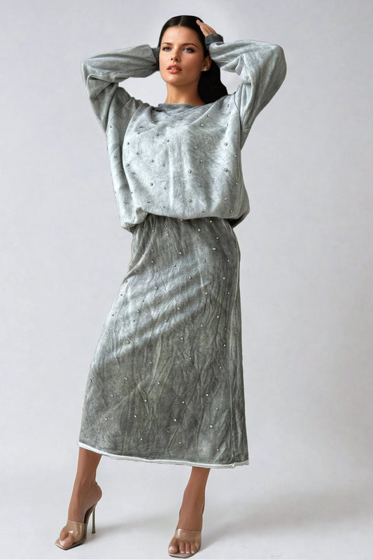 Midi Skirt with Embellished Design and Elastic Waistband - Gray