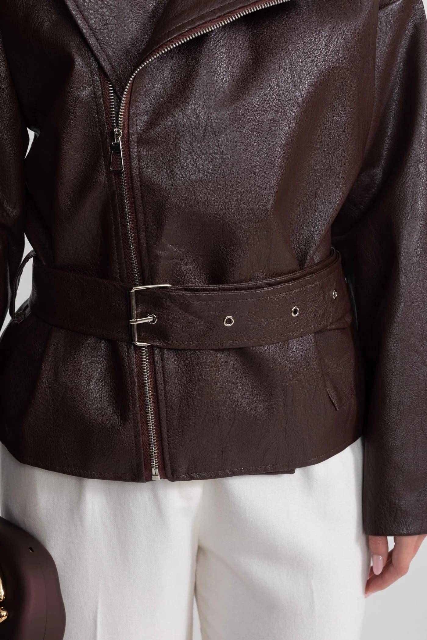 Asymmetrical Zip Leather Jacket - Brown