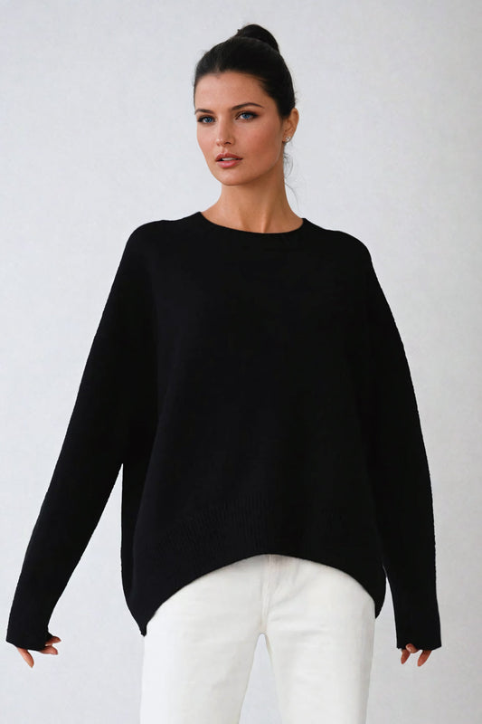 Oversized Ribbed Crew Neck Sweater - Black