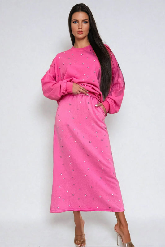Midi Skirt with Embellished Design and Elastic Waistband - Pink