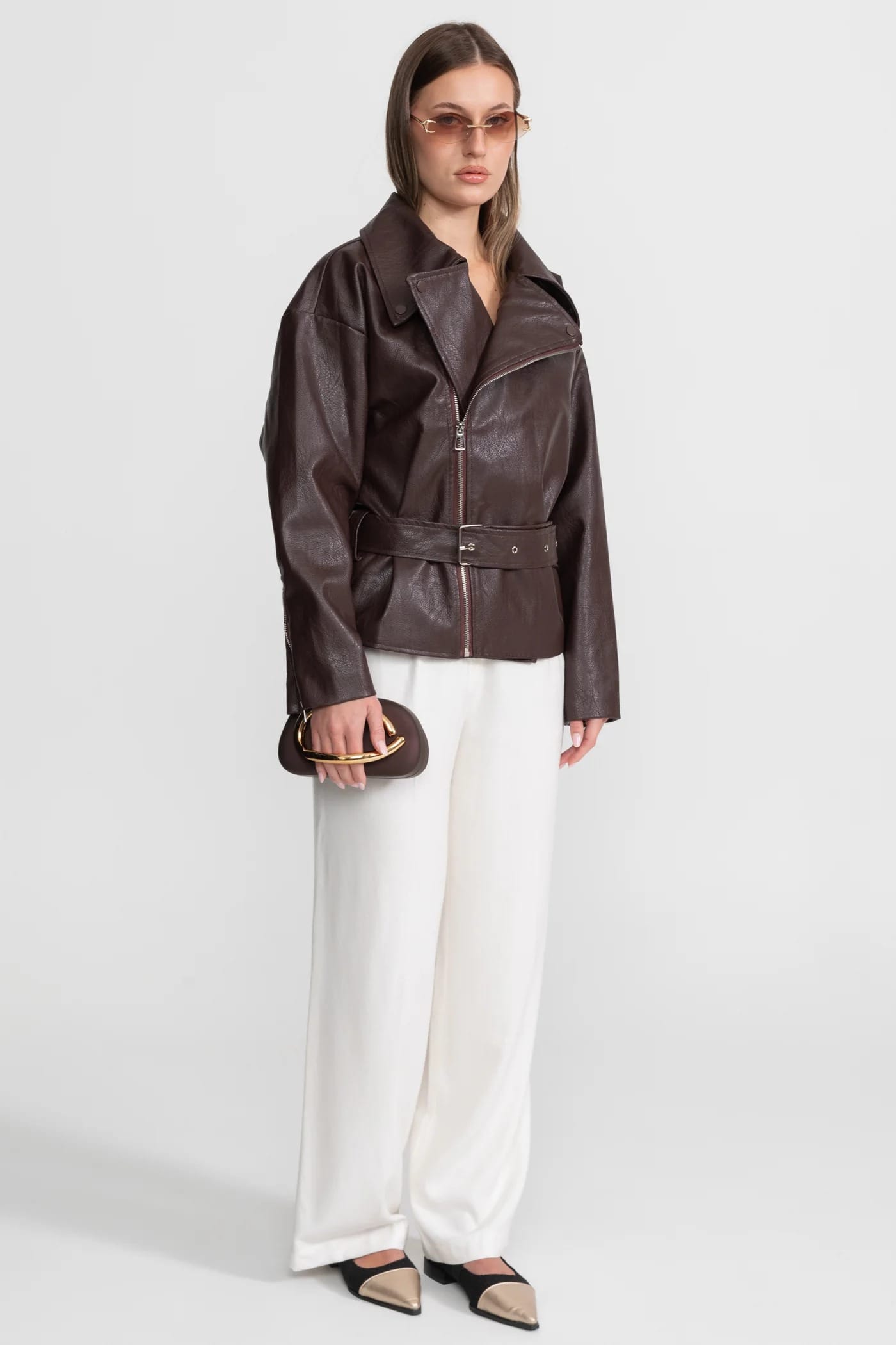 Asymmetrical Zip Leather Jacket - Brown