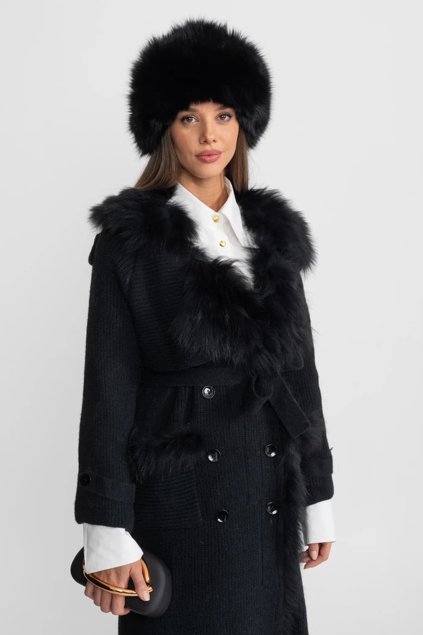 Belted Knit Coat with Fur Trim Detail - Black