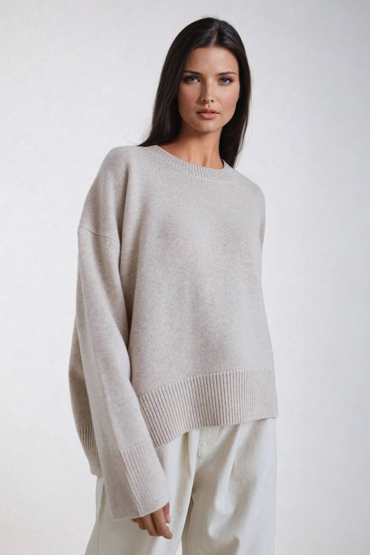 Oversized Ribbed Crew Neck Sweater - Beige