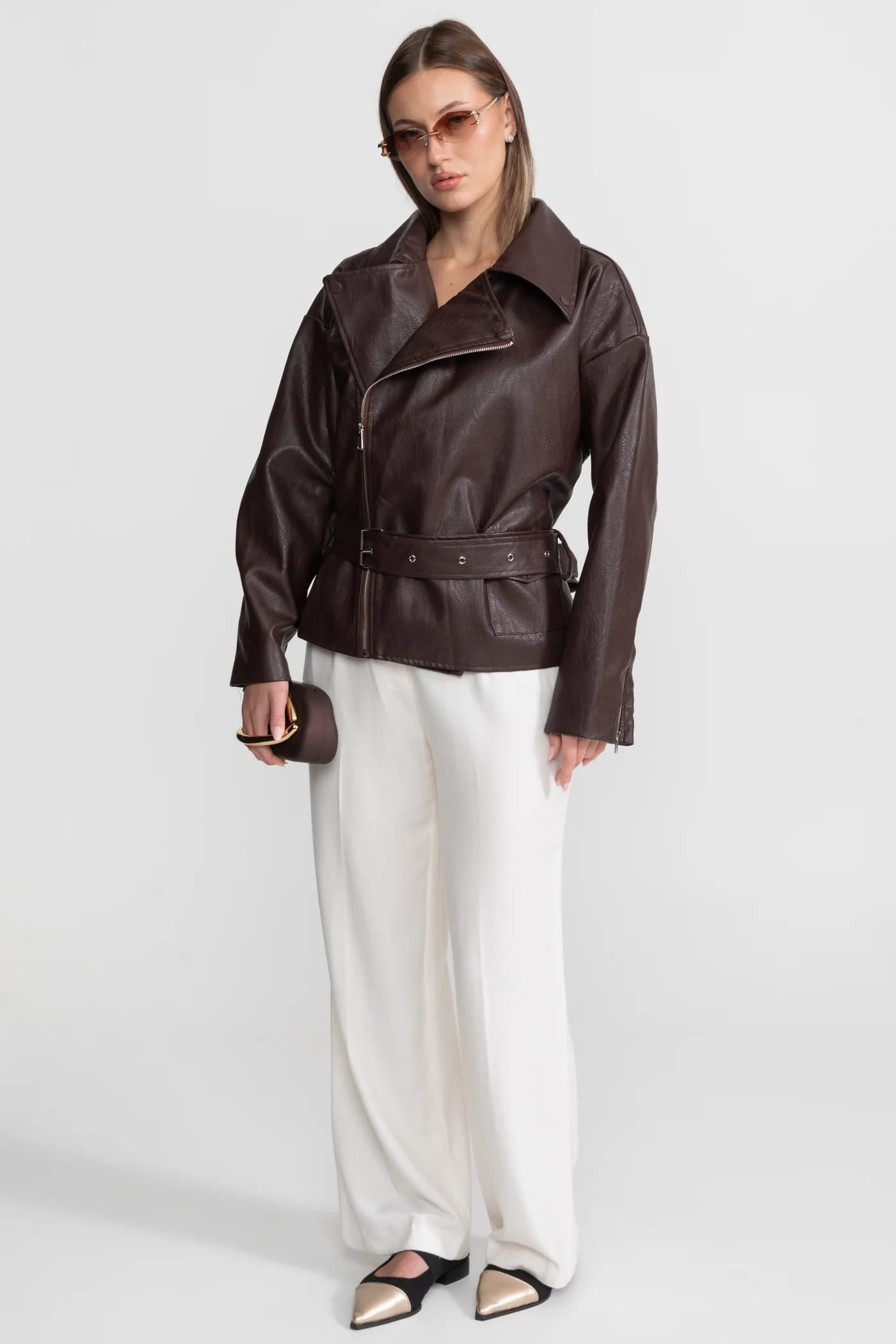 Asymmetrical Zip Leather Jacket - Brown