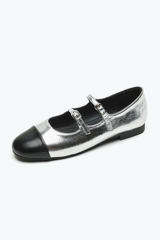 Triple Strap Round-Toe Flat Shoes - Silver