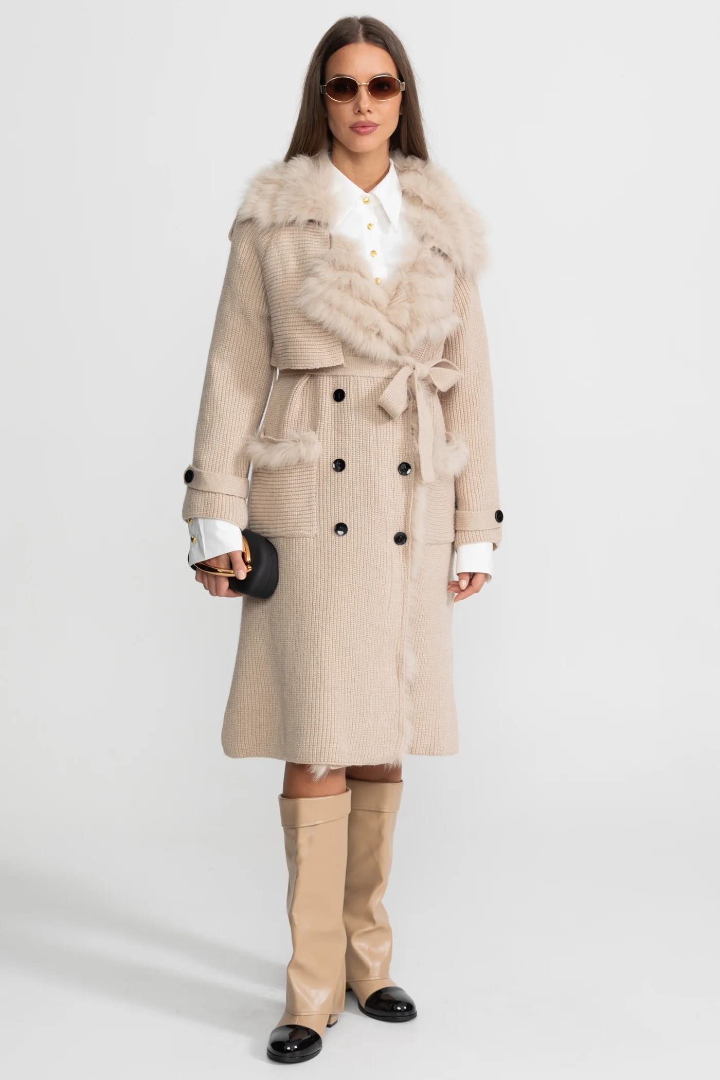 Belted Knit Coat with Fur Trim Detail - Apricot