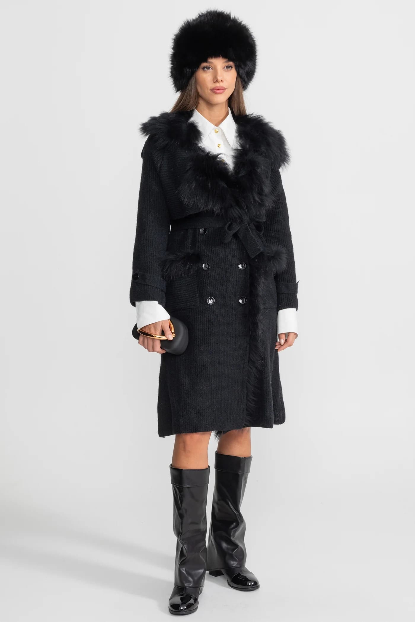 Belted Knit Coat with Fur Trim Detail - Black