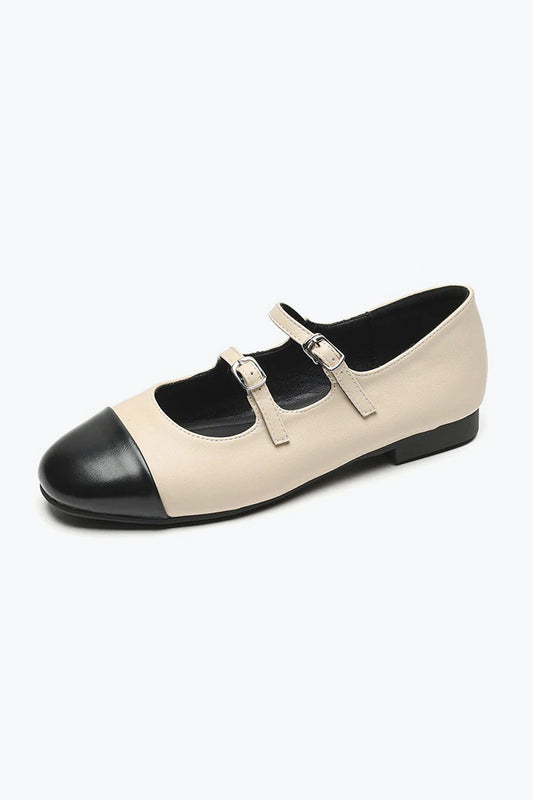 Triple Strap Round-Toe Flat Shoes - Beige