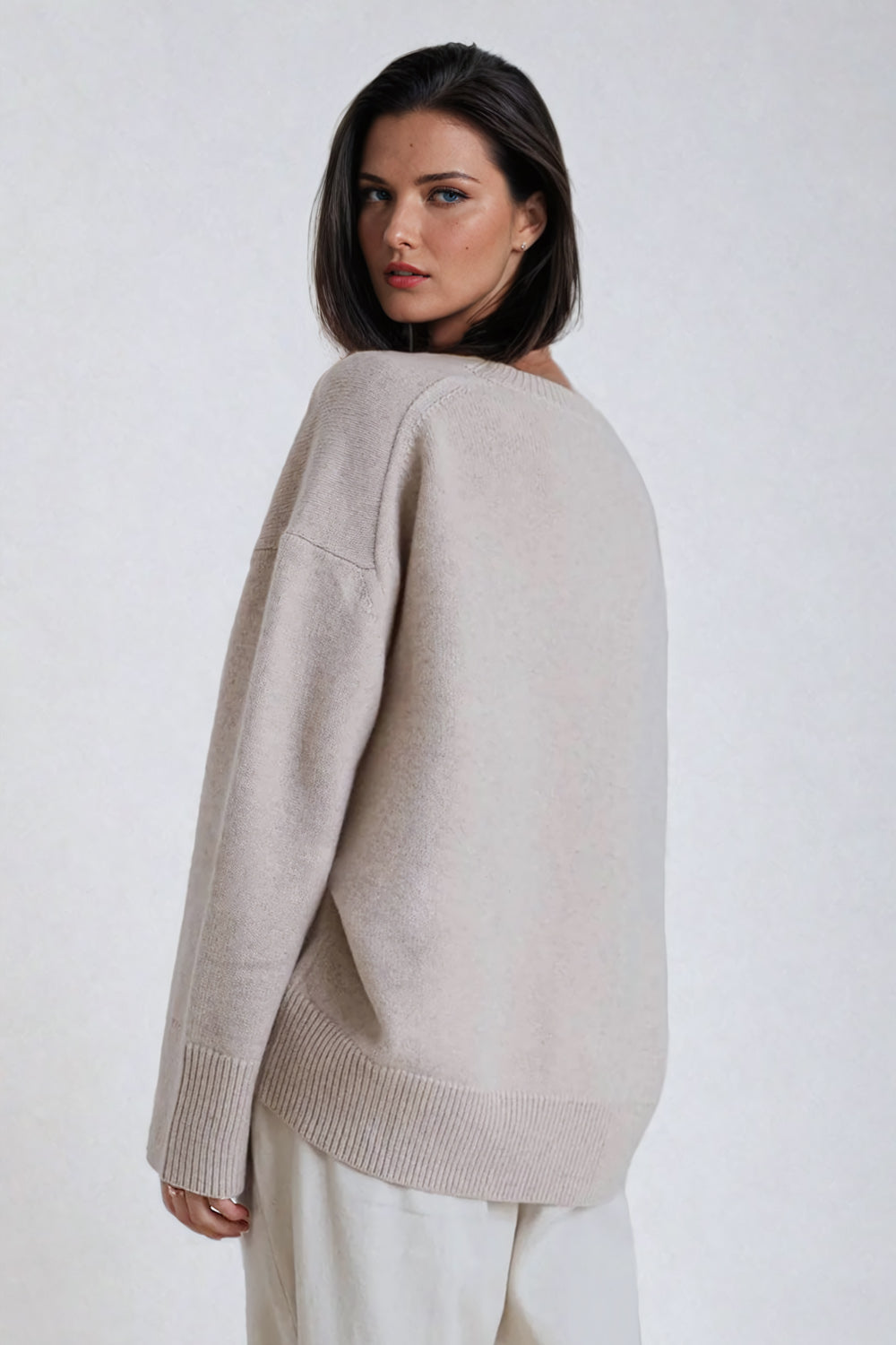 Oversized Ribbed Crew Neck Sweater - Beige