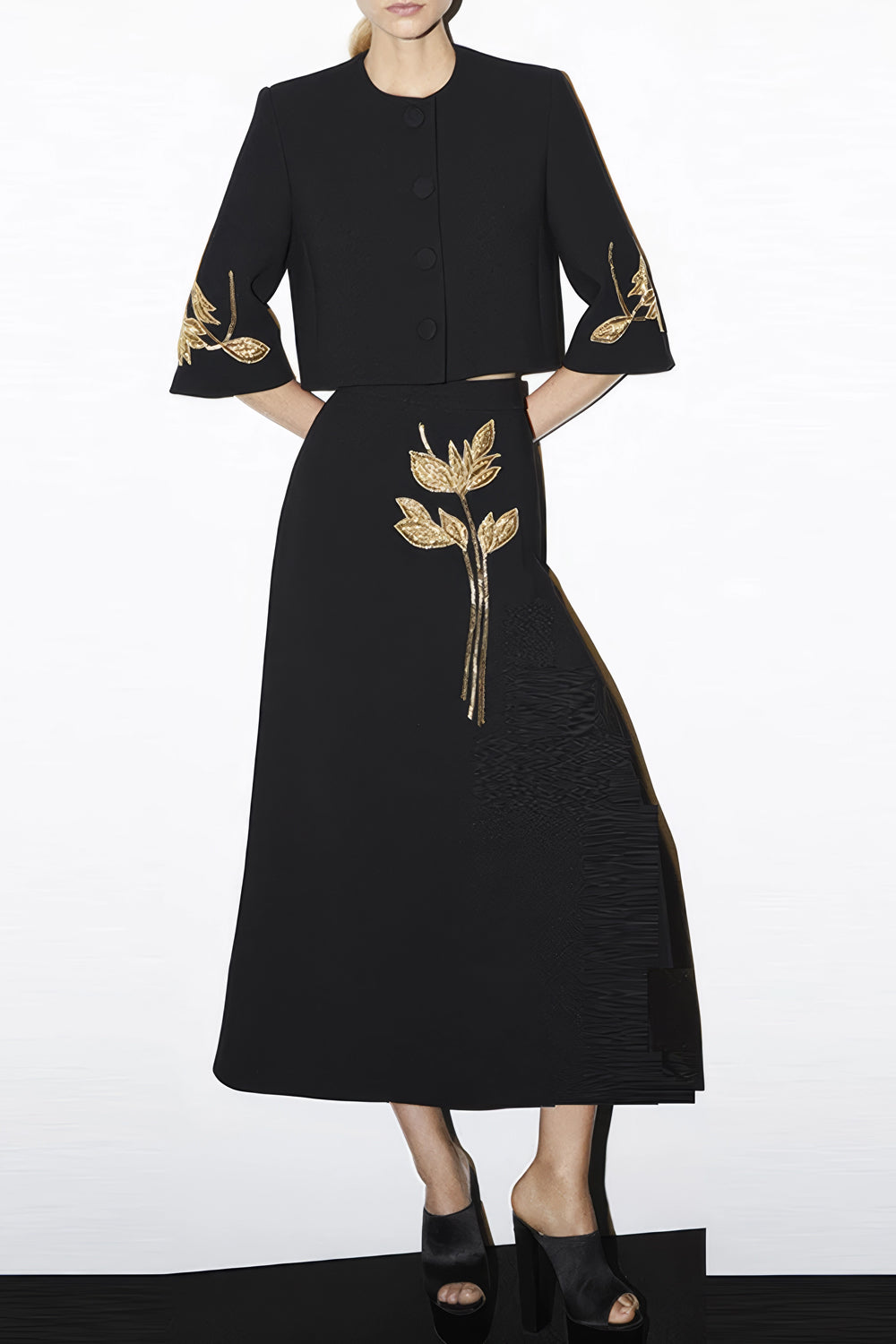 Two-Piece Set with Beaded Embellished Top and Maxi Skirt - Black