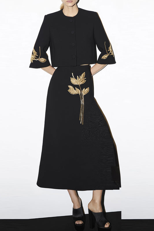 Two-Piece Set with Beaded Embellished Top and Maxi Skirt - Black