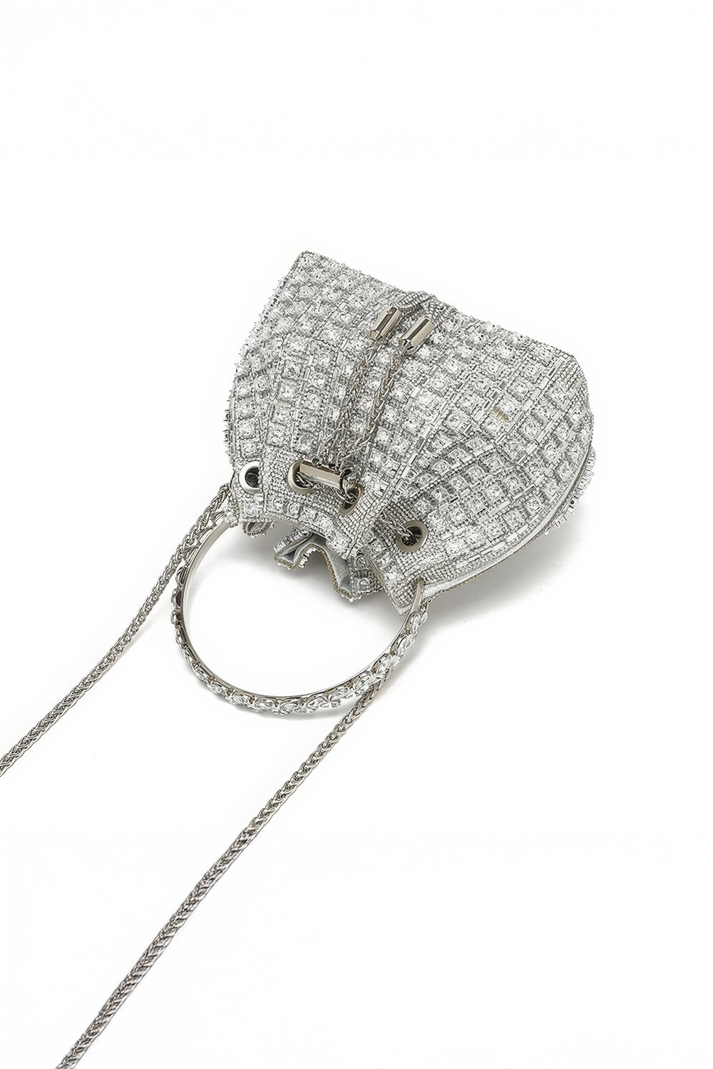 Top Handle Drawstring Mini Bag with Crystal Mesh and Chain Strap