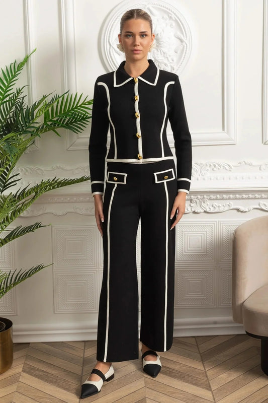 Tailored Knit Button Jacket and Pant Set With Contrast Trim - Black