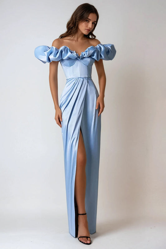 Off-Shoulder Dress with Ruffled Sleeves and Front Slit - Blue